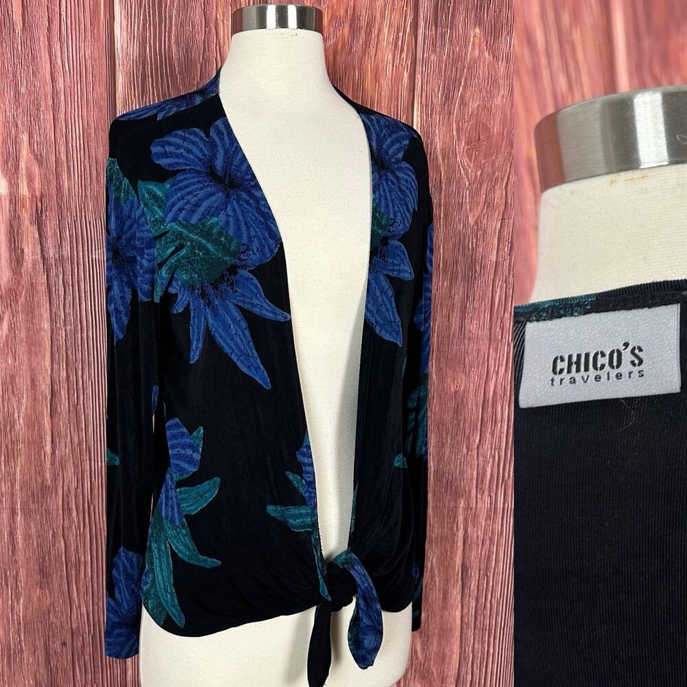 Chicos Travelers Cardigan Slinky Knit Womens 1 US M Tie Front‎ Black & Blue